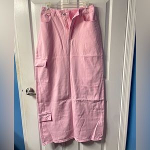 Pink Cargo Denim Maxi Skirt